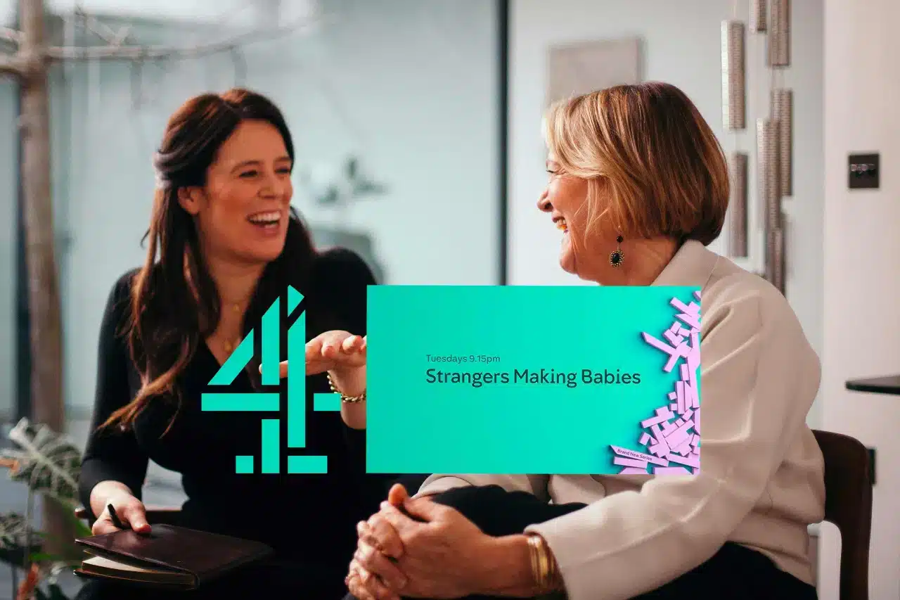Gillian McCallum in Channel 4’s Strangers Making Babies, laughing with a woman on set